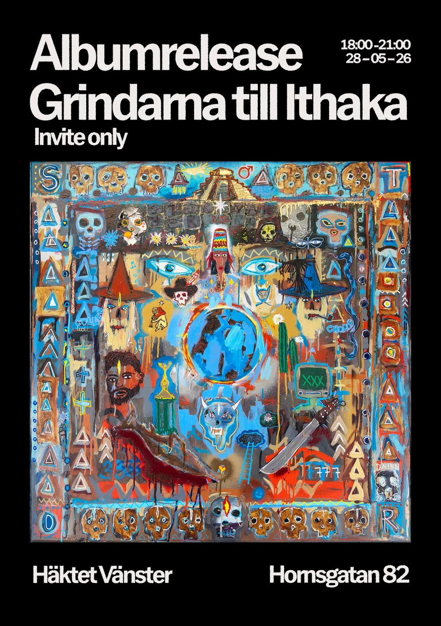 Releasefest — Grindarna till Ithaka. 28 maj, 18.00–21.00, Häktet Vänster. Invite only.